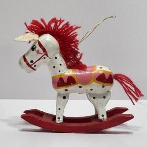 Vintage Wooden Rocking Horse Pony Ornament Wood Christmas Polka Dot Red Pink